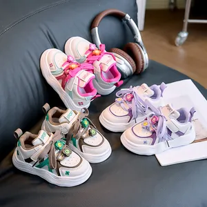 Kids Fashion Board Shoes Soft Sole Anti-Slip Sneakers with 3D Flower Decor Hook and Loop Children Casual Walking Shoes