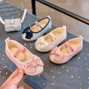 Girls Princess Glitter Mary Jane Shoes Large Bow Decor Sequins Flat Dance Shoes For Kids Party Wedding Performance