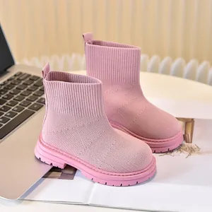 Stivaletti a calzino rosa in maglia per bambine con suola spessa in gomma antiscivolo