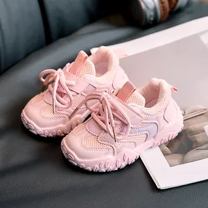 Pink breathable mesh kids sneakers with thick anti-slip soles for casual running