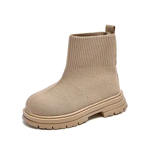 Stivaletti a calzino in maglia per bambini con suole in gomma spessa antiscivolo beige