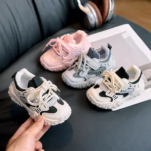 Kids breathable mesh sneakers with non-slip thick soles in pink, grey and cream colors