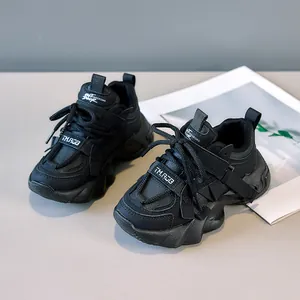 Black children's platform sneakers with mesh upper and velcro strap for active outdoor sports