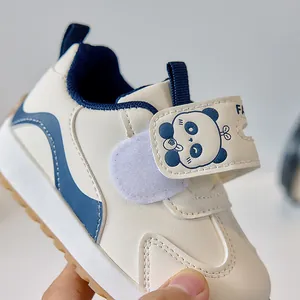 Close-up of toddler sneaker with cute panda velcro strap and non-slip rubber sole