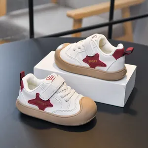 Kids Casual Sports Shoes Non-Slip Anti-Collision Round Toe Sneakers For Boys Girls With Star Pattern Hook And Loop PU Leather