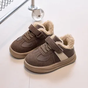 Winter fleece-lined kids fashion sneakers in brown with plush warmth and velcro strap