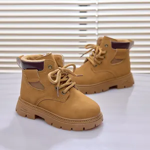 Detail of warm plush lining and zipper closure on khaki kids fashion martin boots