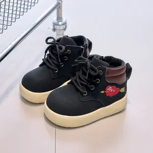 Kids black matte martin boots with red heart love design and thick beige soles