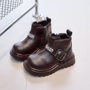 Kids dark brown leather boots with side zipper and decorative fashion buckle strap