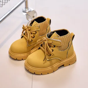 Ginger yellow children's nubuck leather martin boots with knit collar and velcro strap