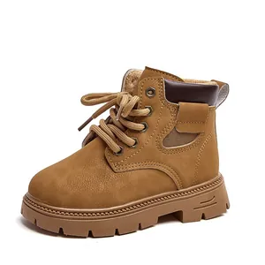 Classic kids warm lace-up work boots in tan color with non-slip thick rubber soles