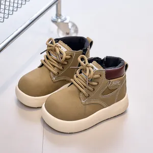 Kids khaki faux leather boots with cream platform sole and stylish lace-up design