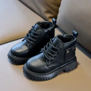Kids black matte leather winter boots with warm fur lining and thick rubber sole