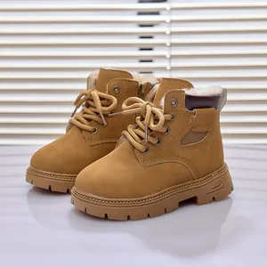 Camel suede kids winter martin boots with warm plush lining and non-slip rubber soles