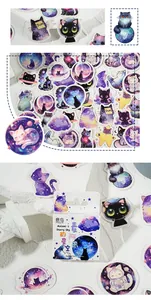 Dettaglio degli adesivi gatto cielo stellato con scatola regalo per scrapbooking fai-da-te