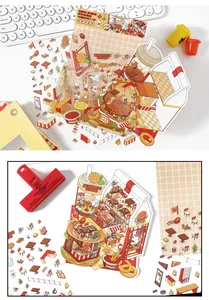 Detail van 2.5D burgerwinkel stickers met creatief 3D effect voor miniatuurhuizen