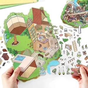 2.5D architectural house stickers for DIY journaling, set of illustrated scenery decals