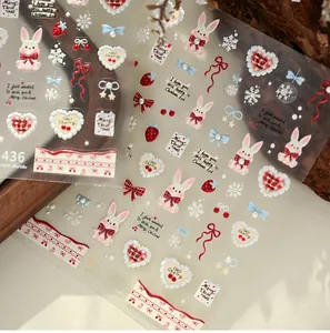 Macro detail of 3D embossed rabbit and strawberry Christmas nail art stickers TL-436