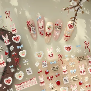 5D Embossed Christmas Nail Stickers Cute Rabbit Red Bow Plaid Heart Snowflake Self Adhesive Winter Manicure Decals For Women