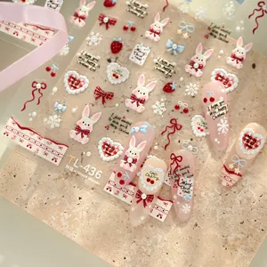 5D embossed rabbit and strawberry Christmas nail art stickers with 3D texture
