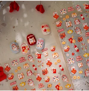 Stickers à ongles 3D en relief pour le Nouvel An chinois avec chats porte-bonheur et lingots