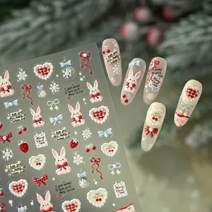 3D relief rabbit Christmas nail stickers with bows and strawberry heart patterns