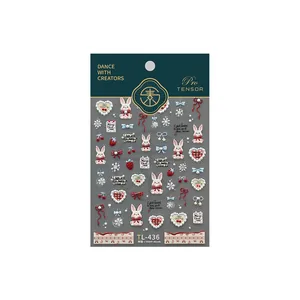 3D relief Christmas nail stickers featuring cute white rabbits, cherries and bows TL-436