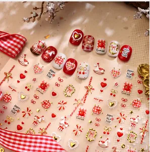 Detail of 3D New Year nail stickers featuring red heart, horse, and festive fireworks patterns
