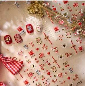 Detail of New Year nail stickers M1340 with red heart, golden horse and fireworks design