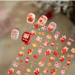 Stickers ongles Nouvel An lunaire 2026 avec motifs chat porte-bonheur 3D et feux d'artifice