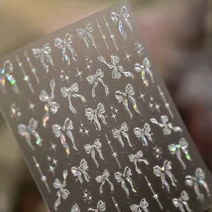 Holographische Nagelsticker mit Schleifen und Sternen, 3D Laser-Reflexionseffekt
