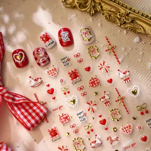 New Year Pony 3D Relief Nail Art Stickers Cute Red White Gold Embossed Heart Bow Firework Self Adhesive Nail Decals Women