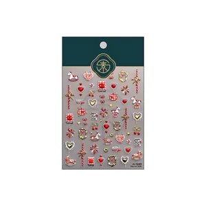 3D New Year nail art stickers with gold pony, red hearts, and fireworks design