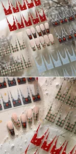 Detail of Christmas nail stickers with plaid patterns, snowflakes, and festive bears