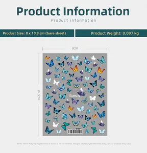 Detail of colorful butterfly nail art stickers with dimensions 8x10.3cm and TS-122 model