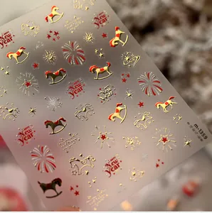 Macro detail of M1359 New Year nail stickers with gold foil pony and star patterns