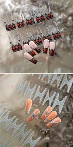 Macro detail of French style self-adhesive nail art stickers with bows and bears