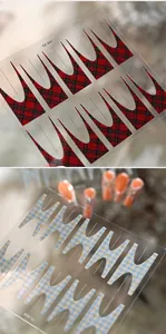Detail of TZ-001 red plaid and TZ-006 blue gingham nail stickers with star patterns