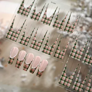 Classic red and green plaid nail stickers with embossed white lines on nude base