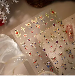 Detailed retro gold and red Phoenix nail art stickers with traditional Chinese patterns