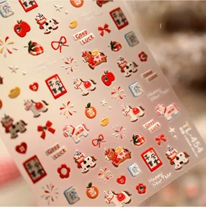 Macro de stickers pour ongles du Nouvel An chinois rouge et or avec motifs de fête et de chance
