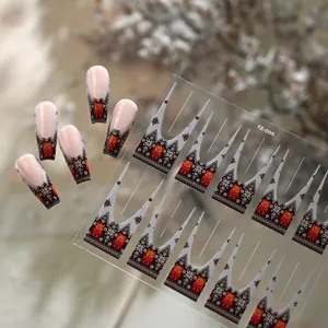 French minimalist Christmas bear and snowflake nail stickers with red and black patterns