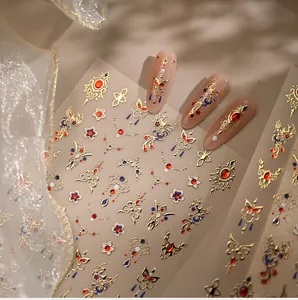 Macro detail of Chinese style nail stickers with gold dragon and flower motifs