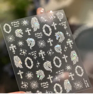 Detail of silver laser iridescent nail stickers with horses and crosses model M-1367