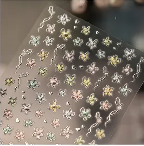 Detail of floral nail art stickers with embossed petals, pearls and silver accents