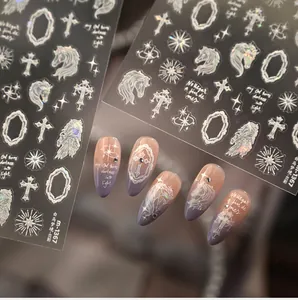 Detail of M-1367 iridescent unicorn nail stickers on gradient purple acrylic nails