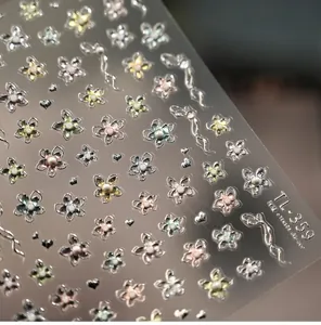 Detailed macro of 3D embossed nail stickers with colorful flowers and pearls