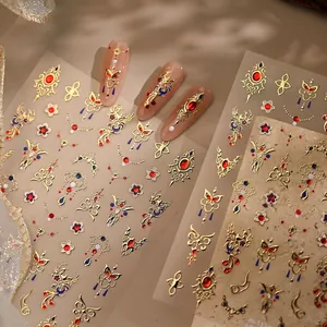 New Chinese Style Phoenix Nail Stickers 3D Embossed Golden Red Blue Flower Butterfly Nail Art Decals For Women