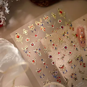 Retro Chinese nail stickers with gold phoenix patterns and butterfly embroidery designs