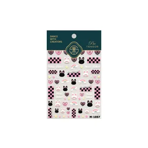 3D relief rabbit heart nail stickers set with pink black checkered patterns for girls